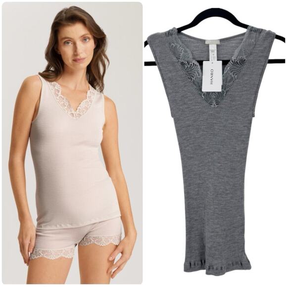 Hanro Women's Woolen Lace Ribbed Sleep Tank Top Sleeveless Gray Size Medium NWT - Picture 1 of 11